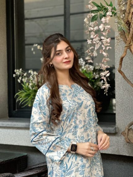 2pcs Stitched Suit Stone Winter Linen Suit Winter Collection Blue Flower Printed Suit