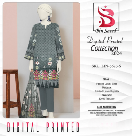 bin Saeed Digital Printed Collection” 3pcs Lawn | Unstitched Collection Casual Wear